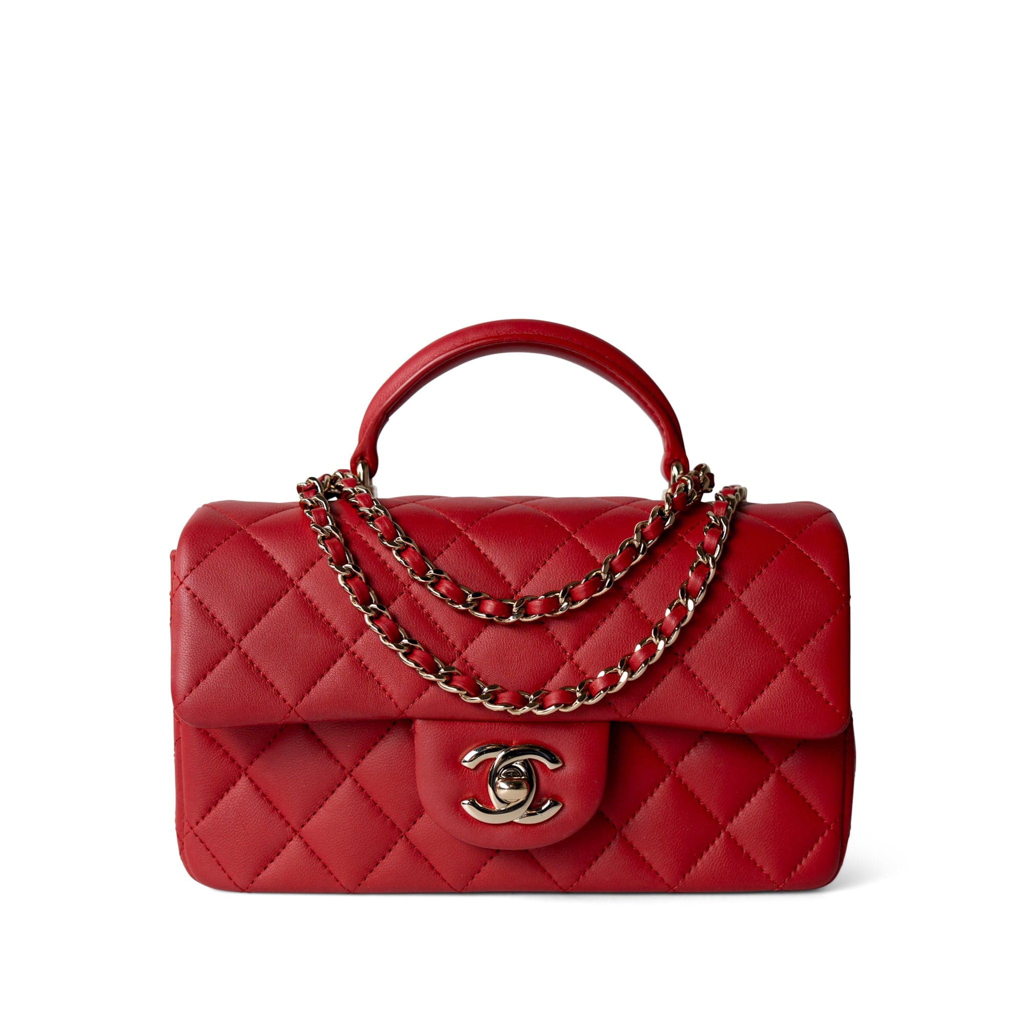 CHANEL Handbag Mini Top Handle / Red 22P Red Lambskin Mini Top Handle Light Gold Hardware -Knockoff
