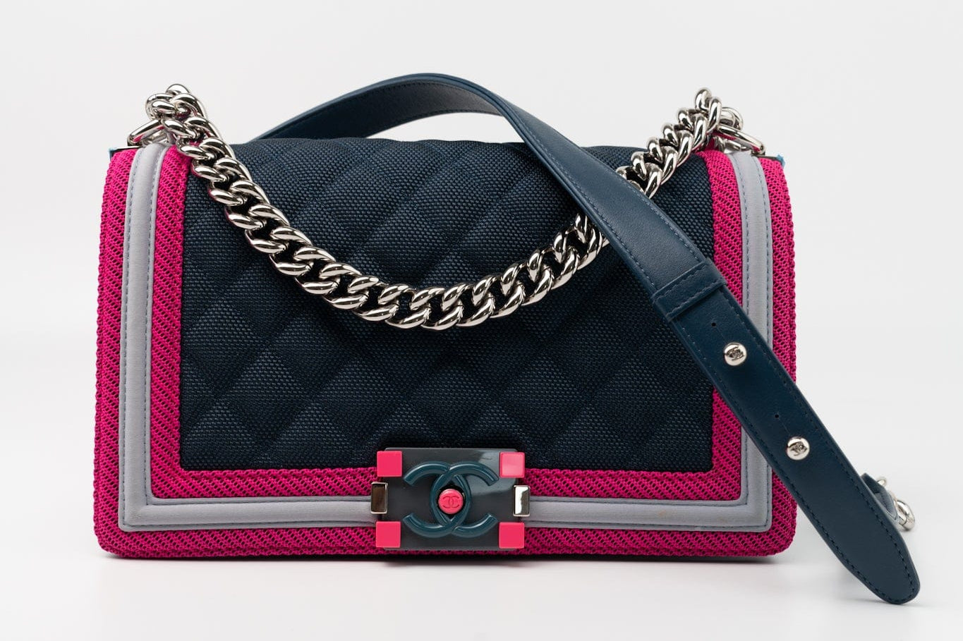 CHANEL Handbag Nylon Quilted Medium Fluo Boy Flap Dark Navy Fuchsia Grey -Knockoff
