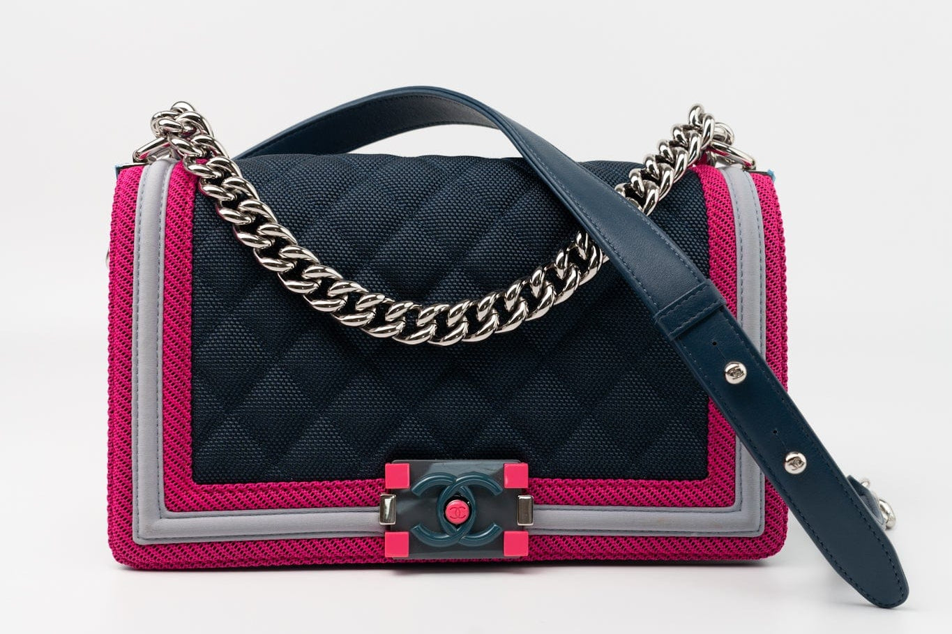 CHANEL Handbag Nylon Quilted Medium Fluo Boy Flap Dark Navy Fuchsia Grey -Knockoff
