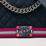 CHANEL Handbag Nylon Quilted Medium Fluo Boy Flap Dark Navy Fuchsia Grey -Knockoff
