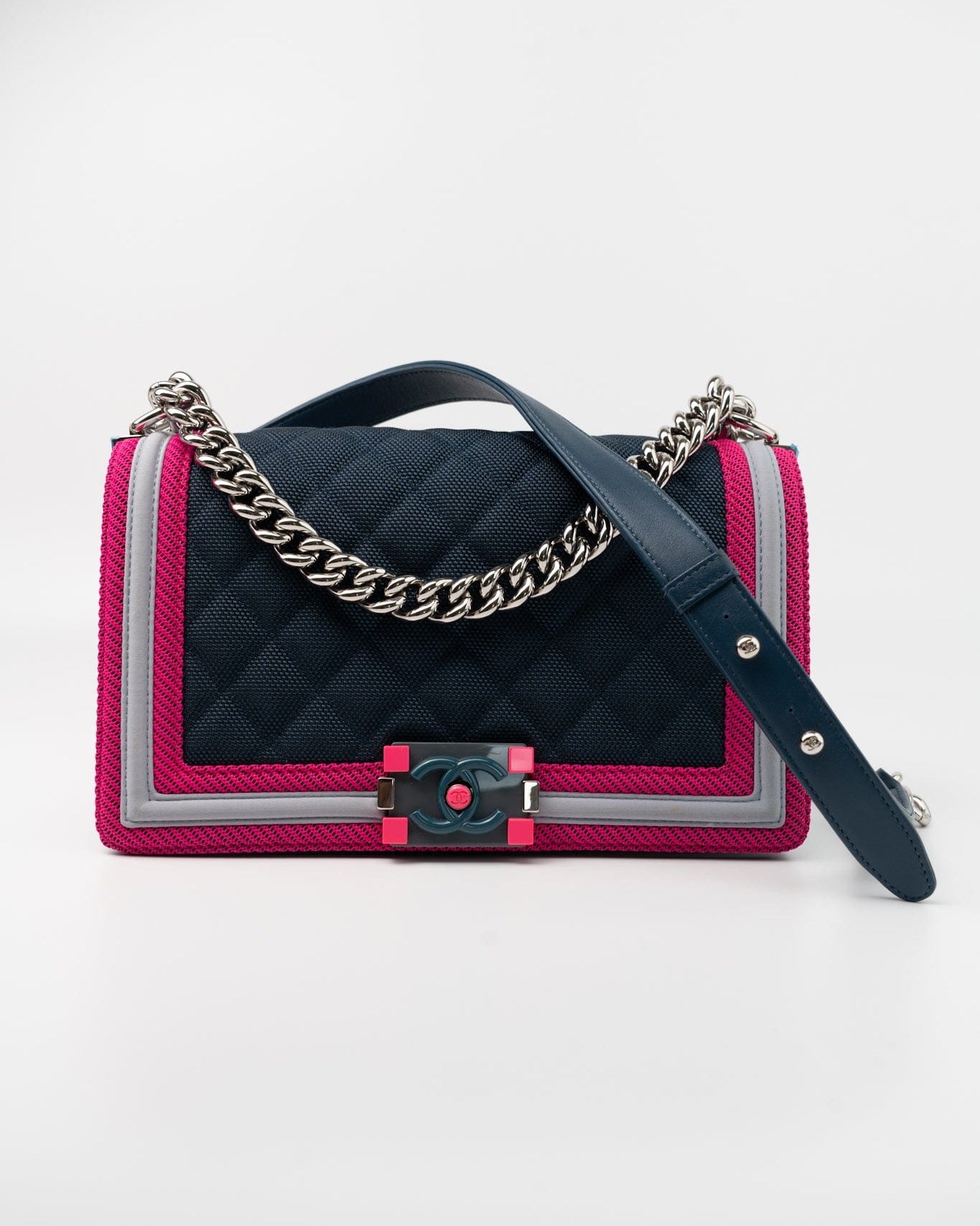 CHANEL Handbag Nylon Quilted Medium Fluo Boy Flap Dark Navy Fuchsia Grey -Knockoff
