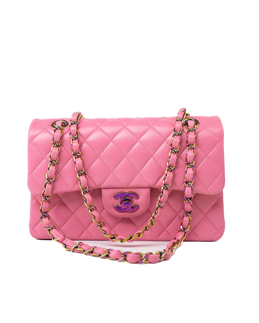 CHANEL Handbag Pink 21P Pink Lambskin Quilted Classic Flap Small Yellow Interior / Rainbow Hardware -Knockoff
