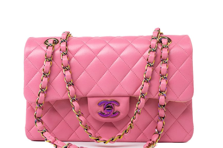 CHANEL Handbag Pink 21P Pink Lambskin Quilted Classic Flap Small Yellow Interior / Rainbow Hardware -Knockoff
