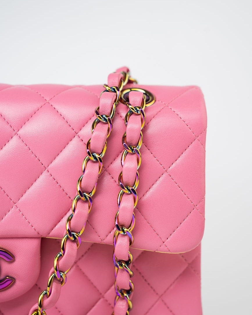 CHANEL Handbag Pink 21P Pink Lambskin Quilted Classic Flap Small Yellow Interior / Rainbow Hardware -Knockoff
