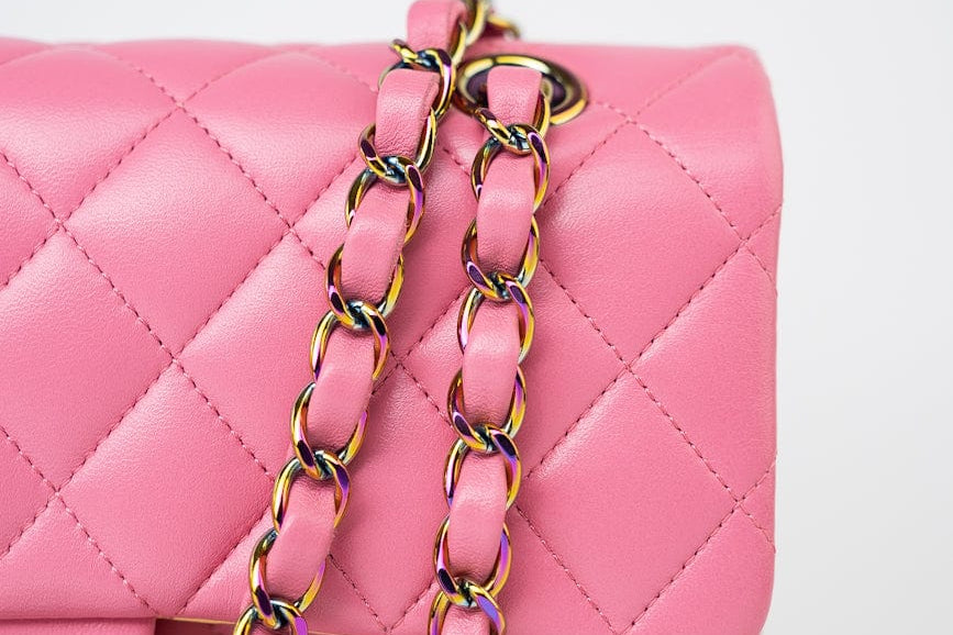 CHANEL Handbag Pink 21P Pink Lambskin Quilted Classic Flap Small Yellow Interior / Rainbow Hardware -Knockoff
