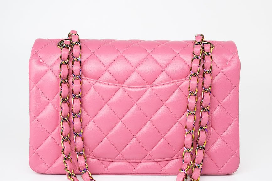 CHANEL Handbag Pink 21P Pink Lambskin Quilted Classic Flap Small Yellow Interior / Rainbow Hardware -Knockoff
