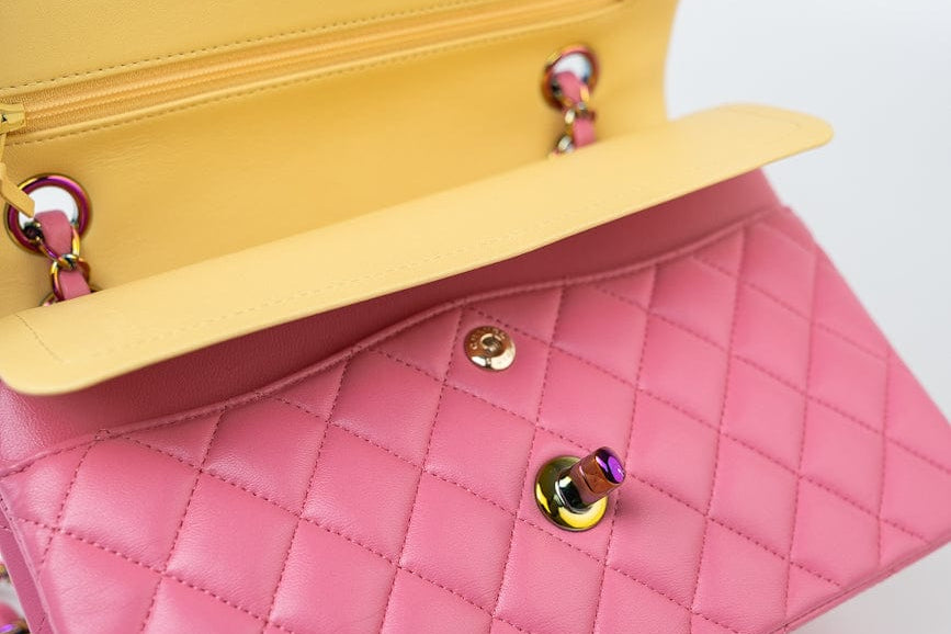 CHANEL Handbag Pink 21P Pink Lambskin Quilted Classic Flap Small Yellow Interior / Rainbow Hardware -Knockoff
