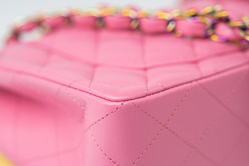 CHANEL Handbag Pink 21P Pink Lambskin Quilted Classic Flap Small Yellow Interior / Rainbow Hardware -Knockoff
