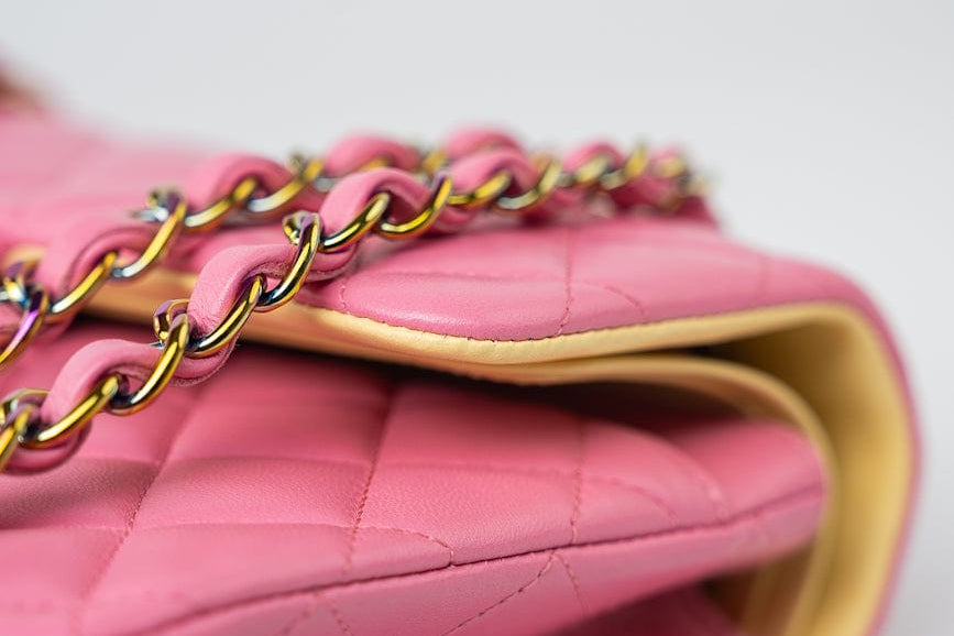 CHANEL Handbag Pink 21P Pink Lambskin Quilted Classic Flap Small Yellow Interior / Rainbow Hardware -Knockoff
