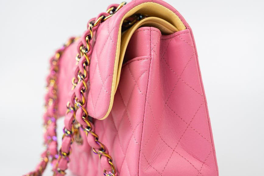 CHANEL Handbag Pink 21P Pink Lambskin Quilted Classic Flap Small Yellow Interior / Rainbow Hardware -Knockoff
