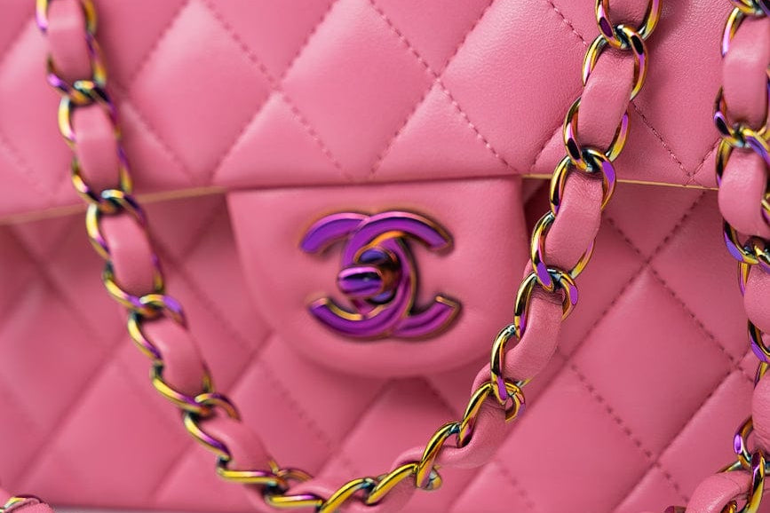 CHANEL Handbag Pink 21P Pink Lambskin Quilted Classic Flap Small Yellow Interior / Rainbow Hardware -Knockoff
