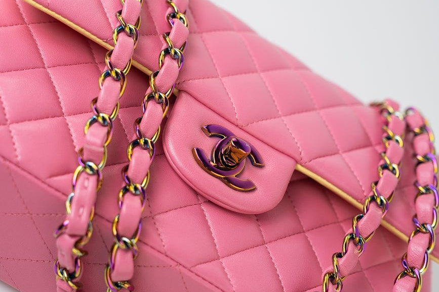 CHANEL Handbag Pink 21P Pink Lambskin Quilted Classic Flap Small Yellow Interior / Rainbow Hardware -Knockoff
