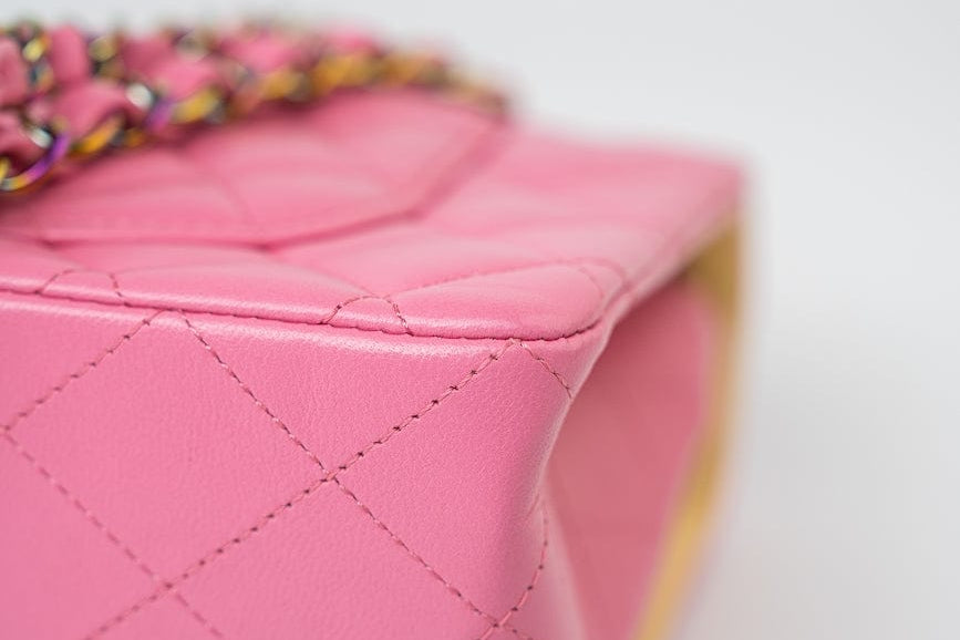 CHANEL Handbag Pink 21P Pink Lambskin Quilted Classic Flap Small Yellow Interior / Rainbow Hardware -Knockoff
