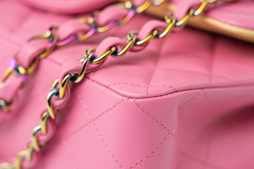 CHANEL Handbag Pink 21P Pink Lambskin Quilted Classic Flap Small Yellow Interior / Rainbow Hardware -Knockoff
