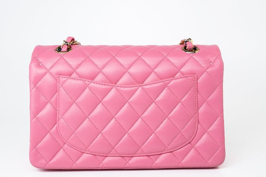 CHANEL Handbag Pink 21P Pink Lambskin Quilted Classic Flap Small Yellow Interior / Rainbow Hardware -Knockoff
