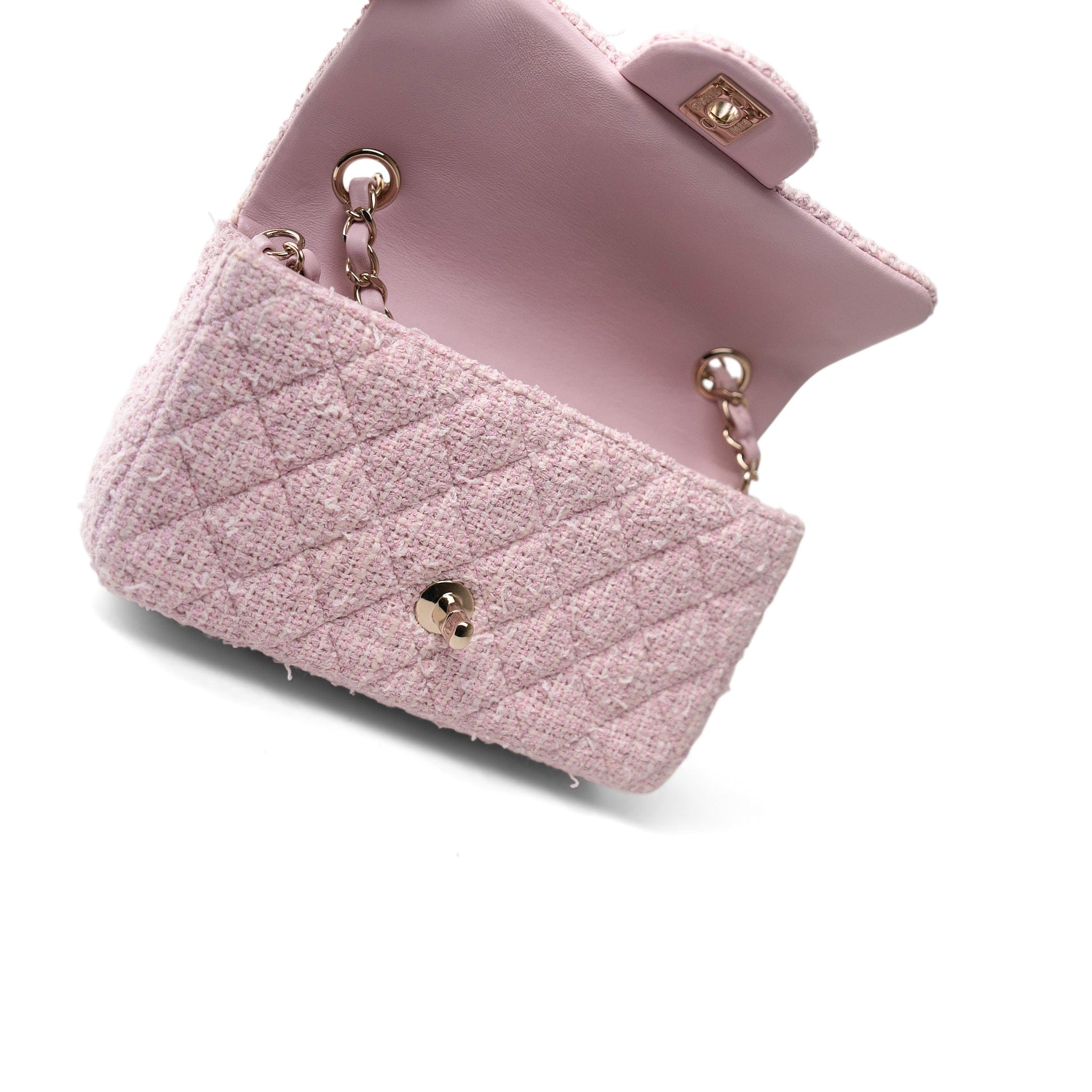 CHANEL Handbag Pink 21S Pink White Tweed Quilted Mini Rectangular Flap Light Gold Hardware -Knockoff
