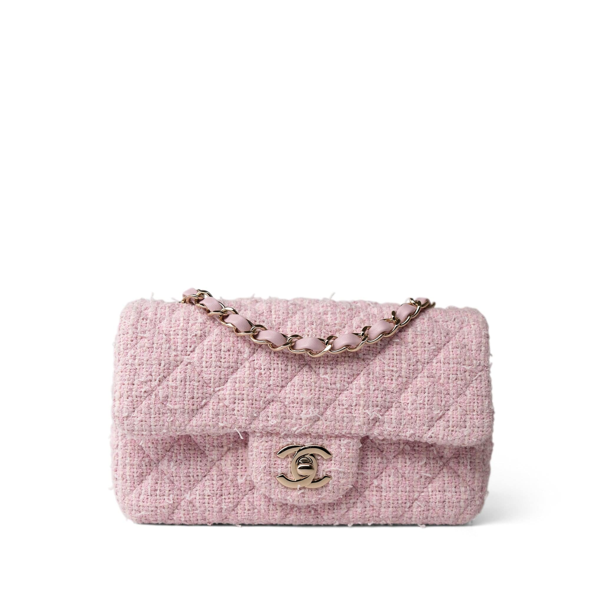 CHANEL Handbag Pink 21S Pink White Tweed Quilted Mini Rectangular Flap Light Gold Hardware -Knockoff
