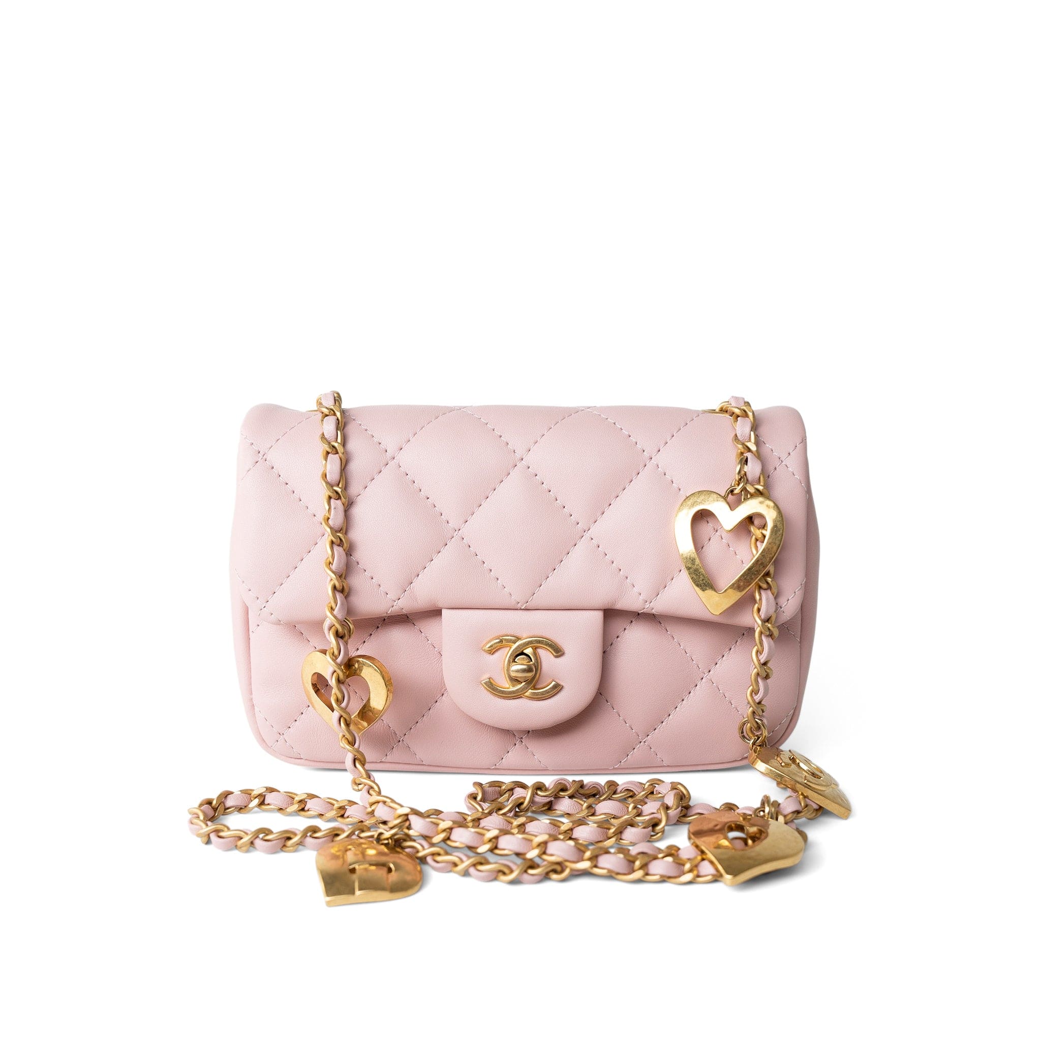 CHANEL Handbag Pink 22B Light Pink Lambskin Quilted Mini Heart Charms Flap Antique Gold Hardware -Knockoff
