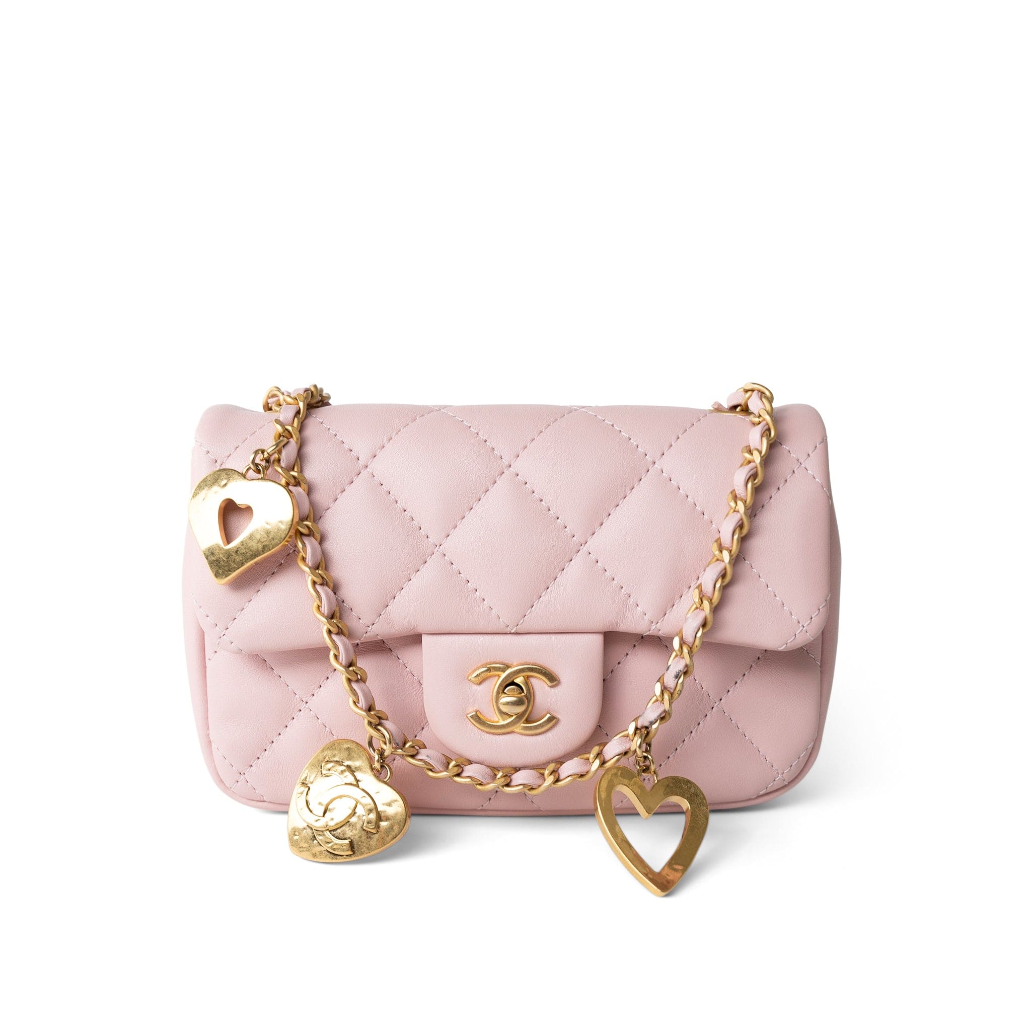 CHANEL Handbag Pink 22B Light Pink Lambskin Quilted Mini Heart Charms Flap Antique Gold Hardware -Knockoff
