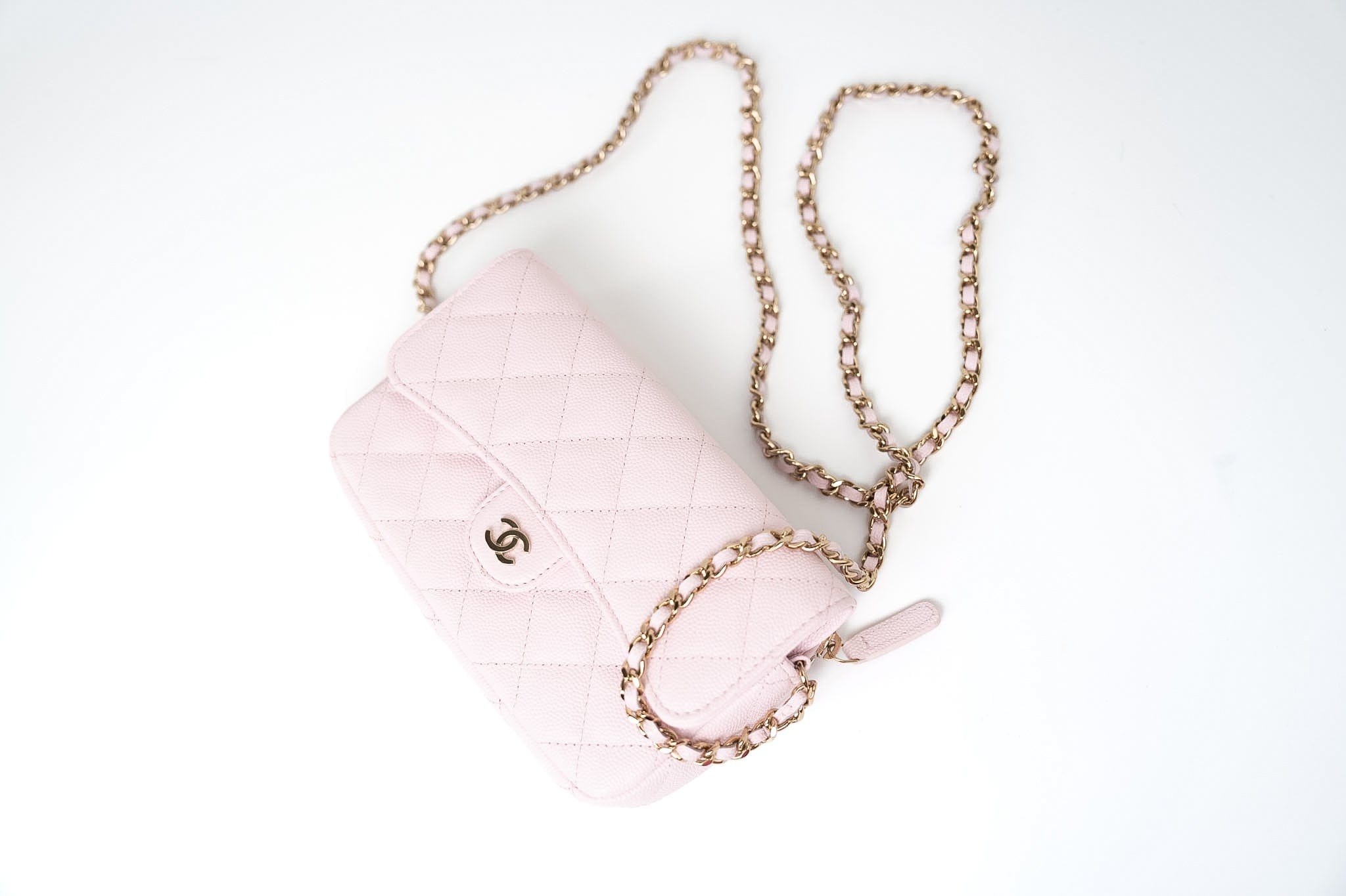 CHANEL Handbag Pink 22P Light Pink Caviar Quilted Flap Phone Holder with Classic Chain LGHW -Knockoff
