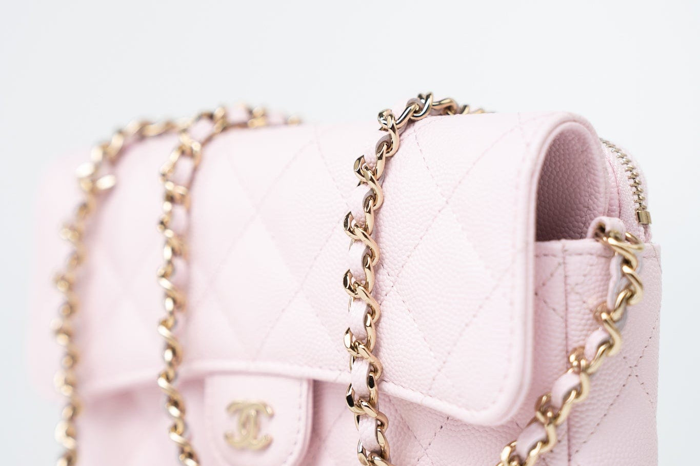 CHANEL Handbag Pink 22P Light Pink Caviar Quilted Flap Phone Holder with Classic Chain LGHW -Knockoff
