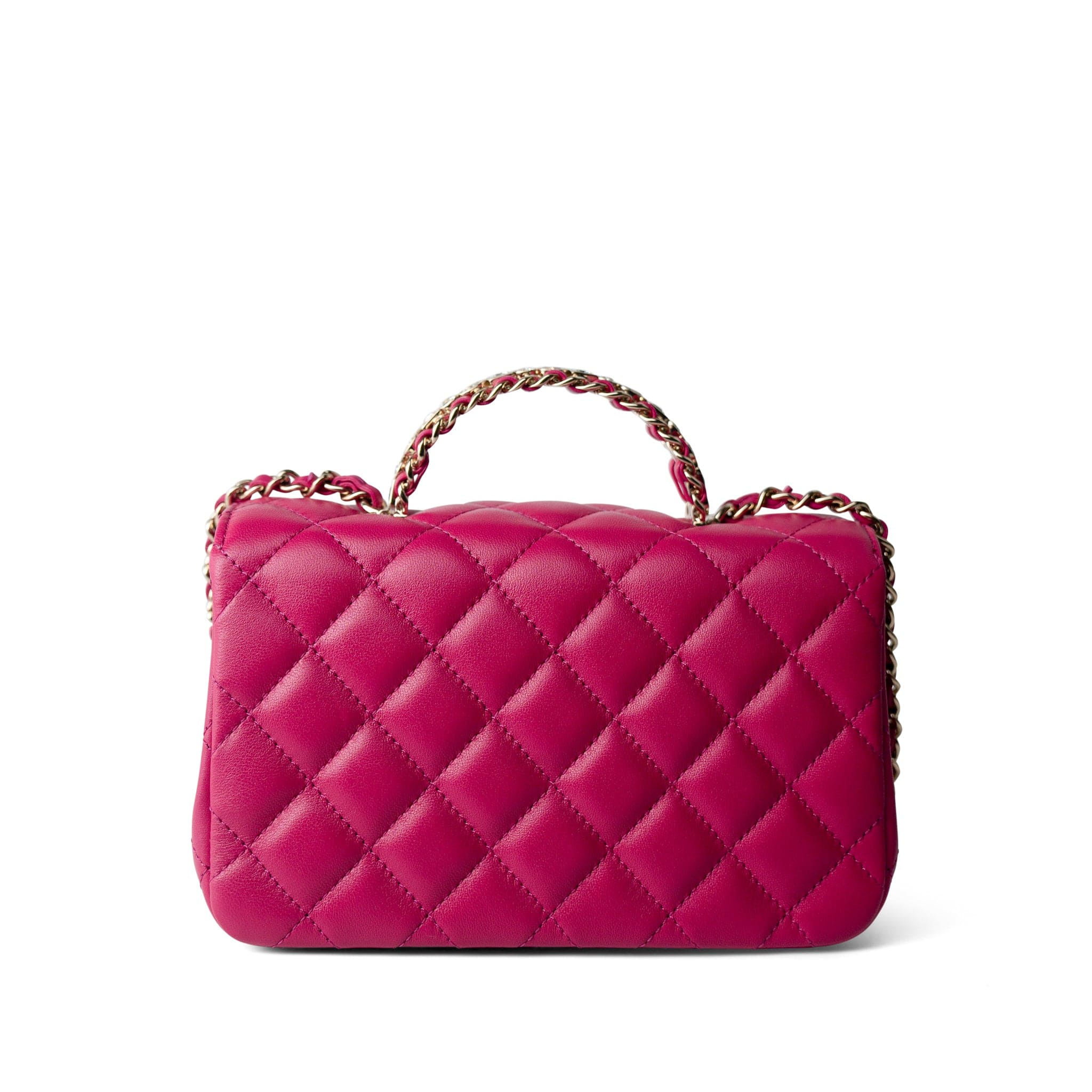 CHANEL Handbag Pink 23A Dark Pink Lambskin Quilted Mini Flap Bag with Jeweled Top Handle Light Gold Hardware -Knockoff
