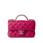 CHANEL Handbag Pink 23A Dark Pink Lambskin Quilted Mini Flap Bag with Jeweled Top Handle Light Gold Hardware -Knockoff
