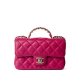 CHANEL Handbag Pink 23A Dark Pink Lambskin Quilted Mini Flap Bag with Jeweled Top Handle Light Gold Hardware -Knockoff
