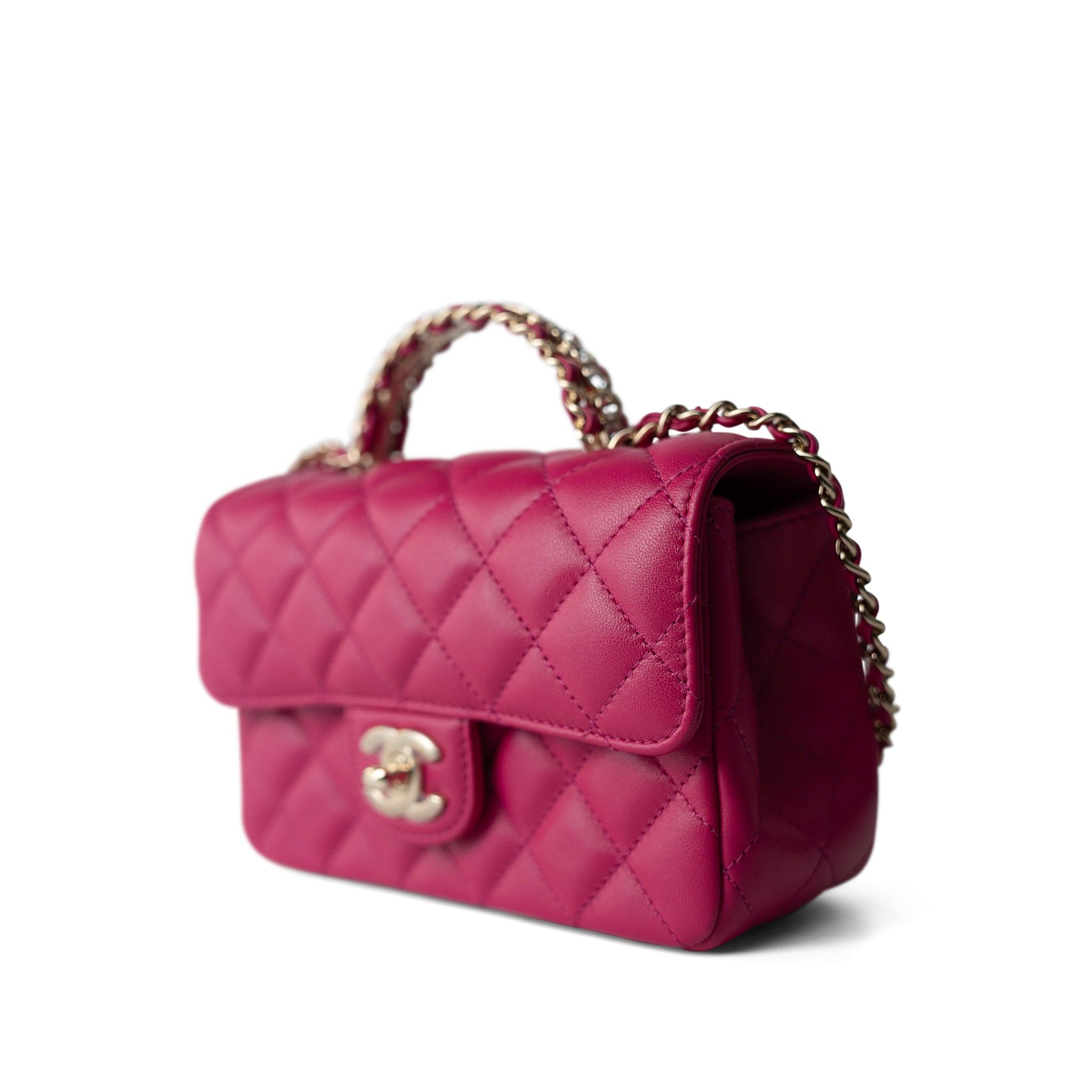 CHANEL Handbag Pink 23A Dark Pink Lambskin Quilted Mini Flap Bag with Jeweled Top Handle Light Gold Hardware -Knockoff
