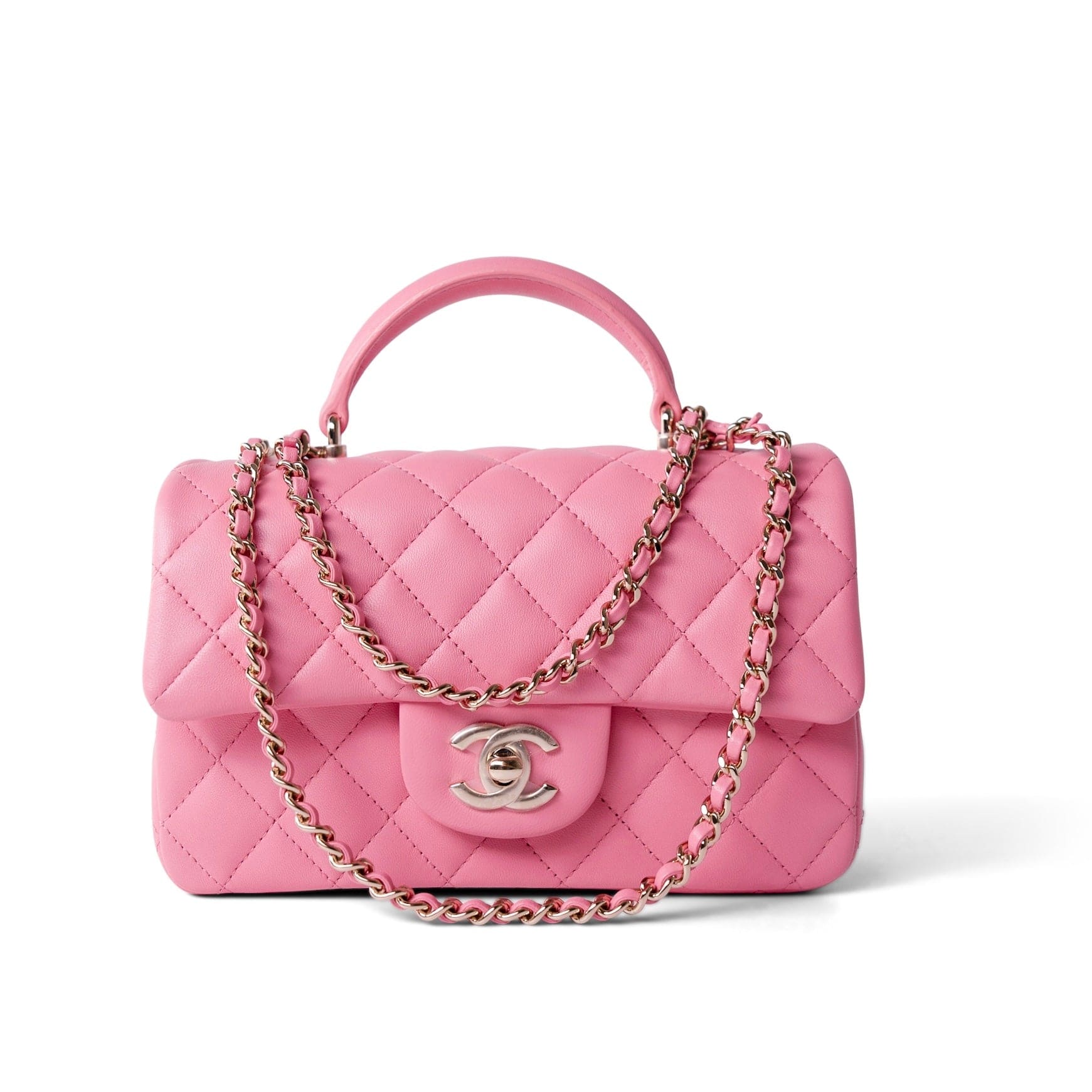 CHANEL Handbag Pink 23P Pink Lambskin Quilted Mini Top Handle Light Gold Hardware -Knockoff
