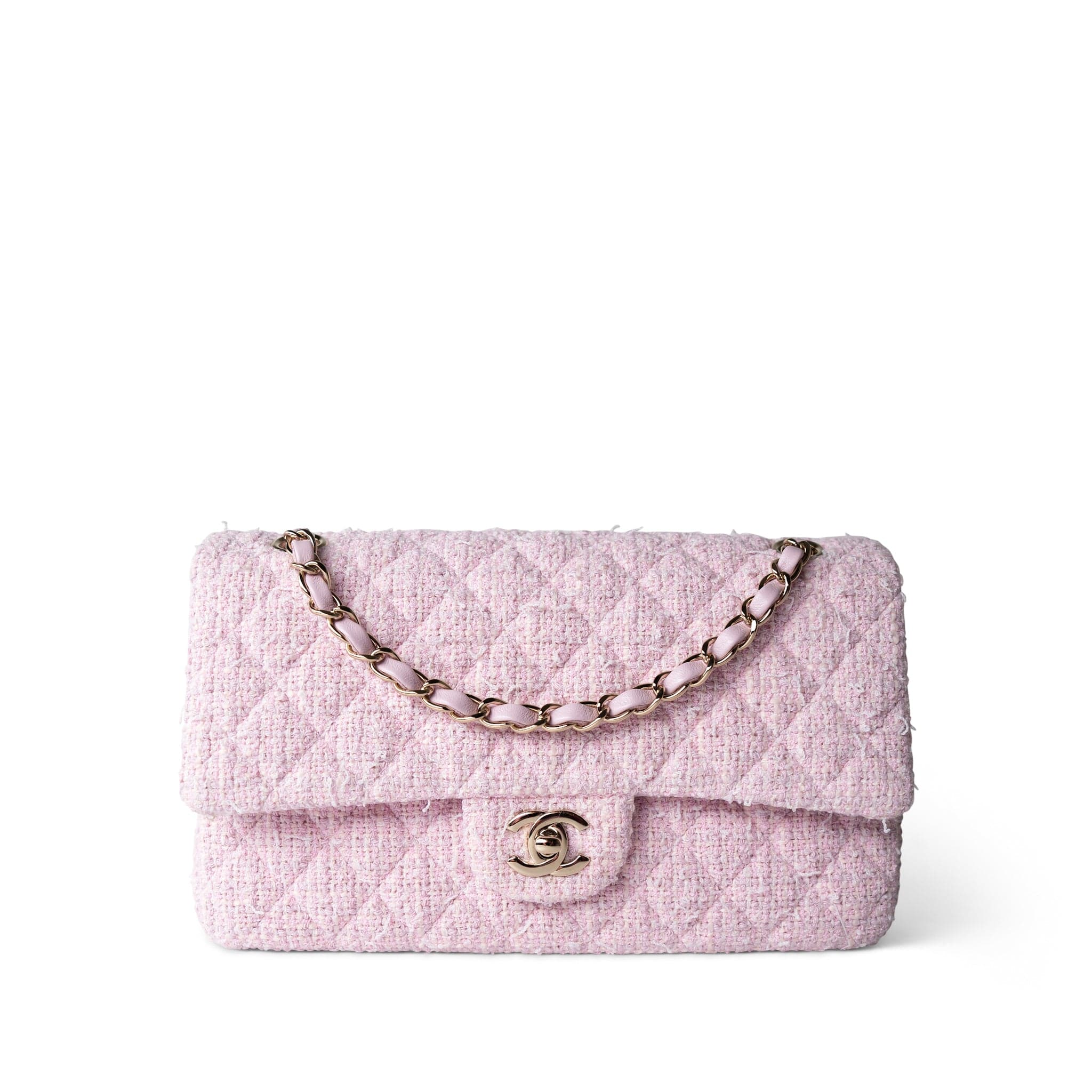 CHANEL Handbag Pink / Classic flap 21S Pink Tweed Quilted Classic Flap Medium Light Gold Hardware -Knockoff
