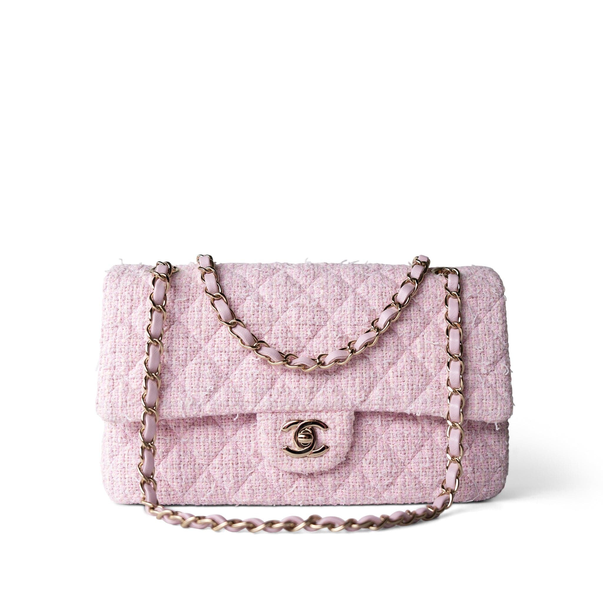 CHANEL Handbag Pink / Classic flap 21S Pink Tweed Quilted Classic Flap Medium Light Gold Hardware -Knockoff
