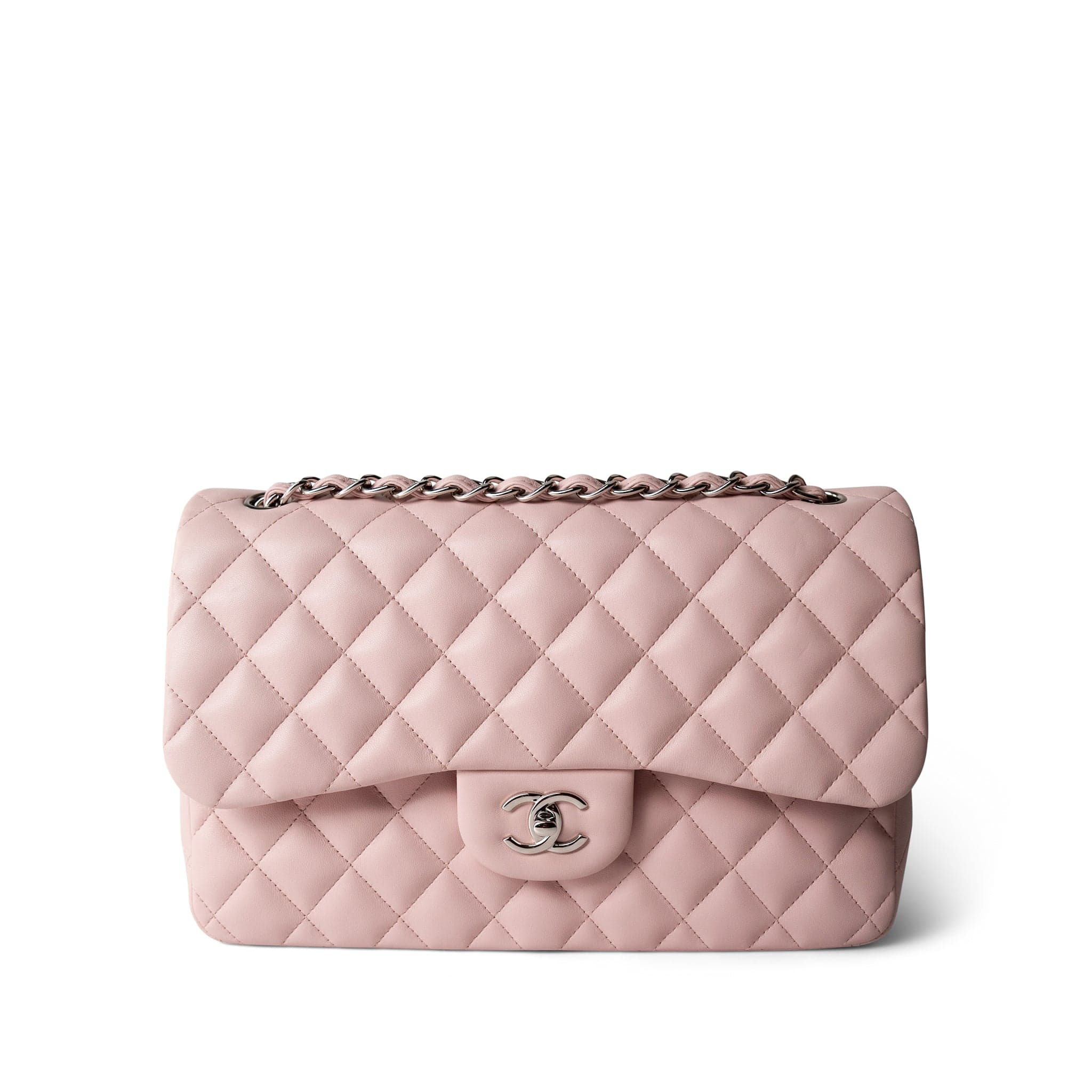 CHANEL Handbag Pink Light Pink Lambskin Quilted Jumbo Classic Flap Silver Hardware -Knockoff
