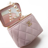 CHANEL Handbag Pink Light Pink Lambskin Quilted Mini Vanity Case With Pearl Chain -Knockoff
