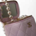 CHANEL Handbag Pink Light Pink Lambskin Quilted Mini Vanity Case With Pearl Chain -Knockoff
