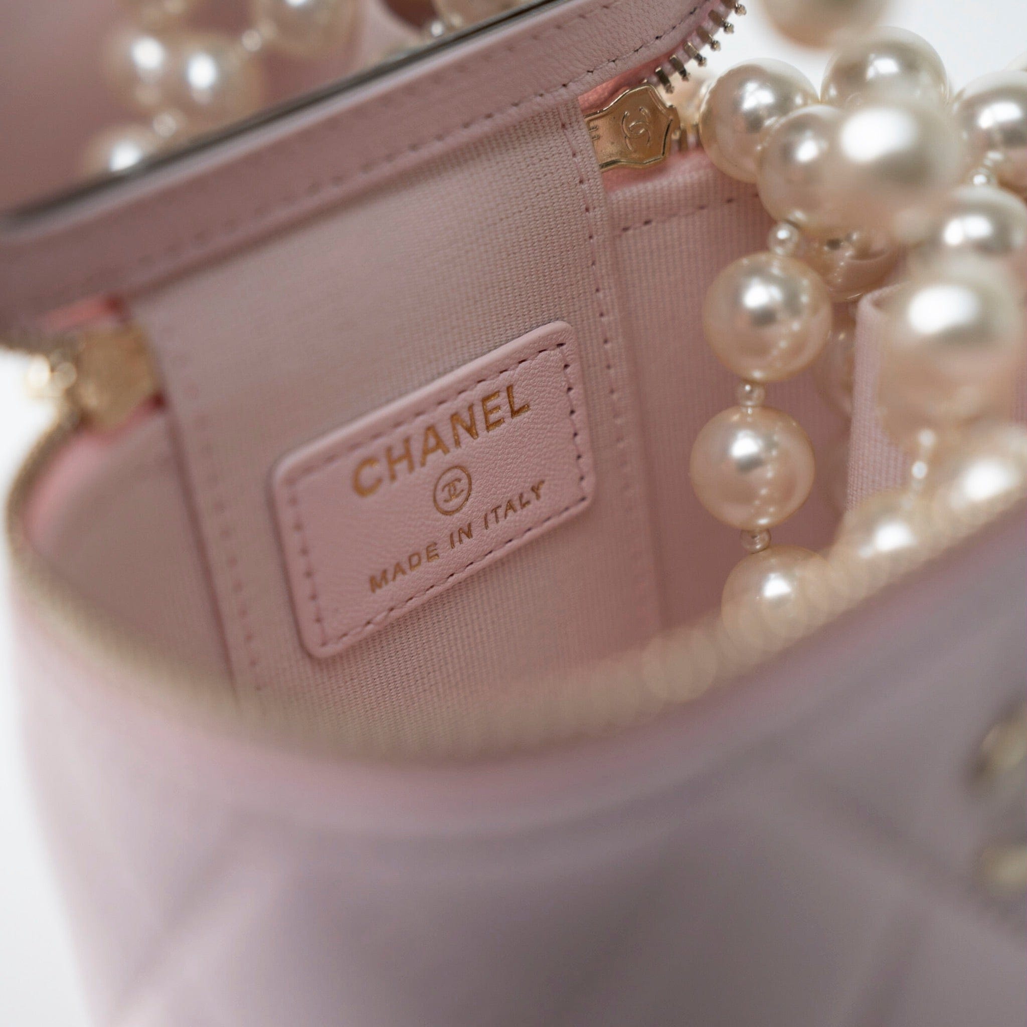 CHANEL Handbag Pink Light Pink Lambskin Quilted Mini Vanity Case With Pearl Chain -Knockoff
