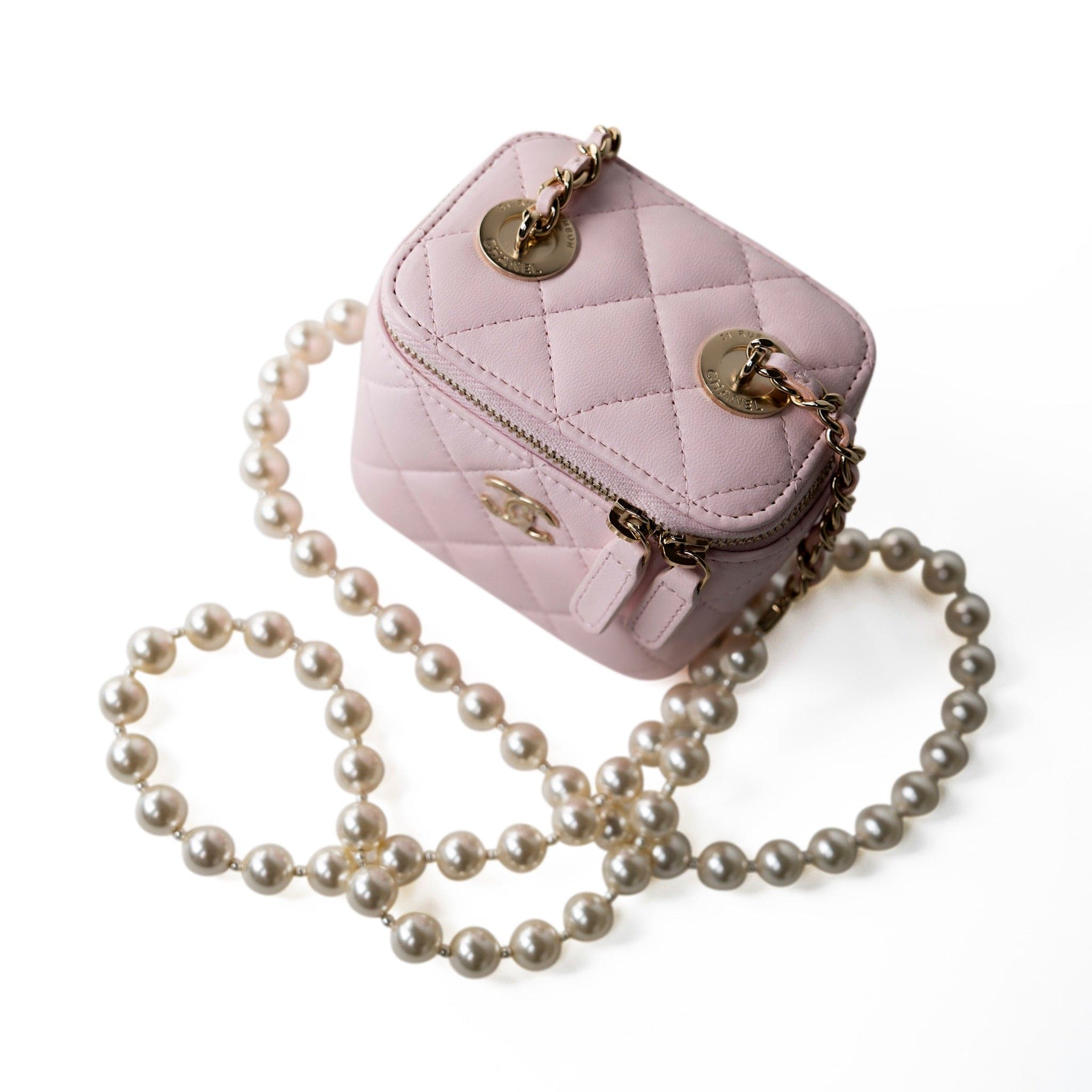 CHANEL Handbag Pink Light Pink Lambskin Quilted Mini Vanity Case With Pearl Chain -Knockoff
