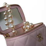 CHANEL Handbag Pink Light Pink Lambskin Quilted Mini Vanity Case With Pearl Chain -Knockoff
