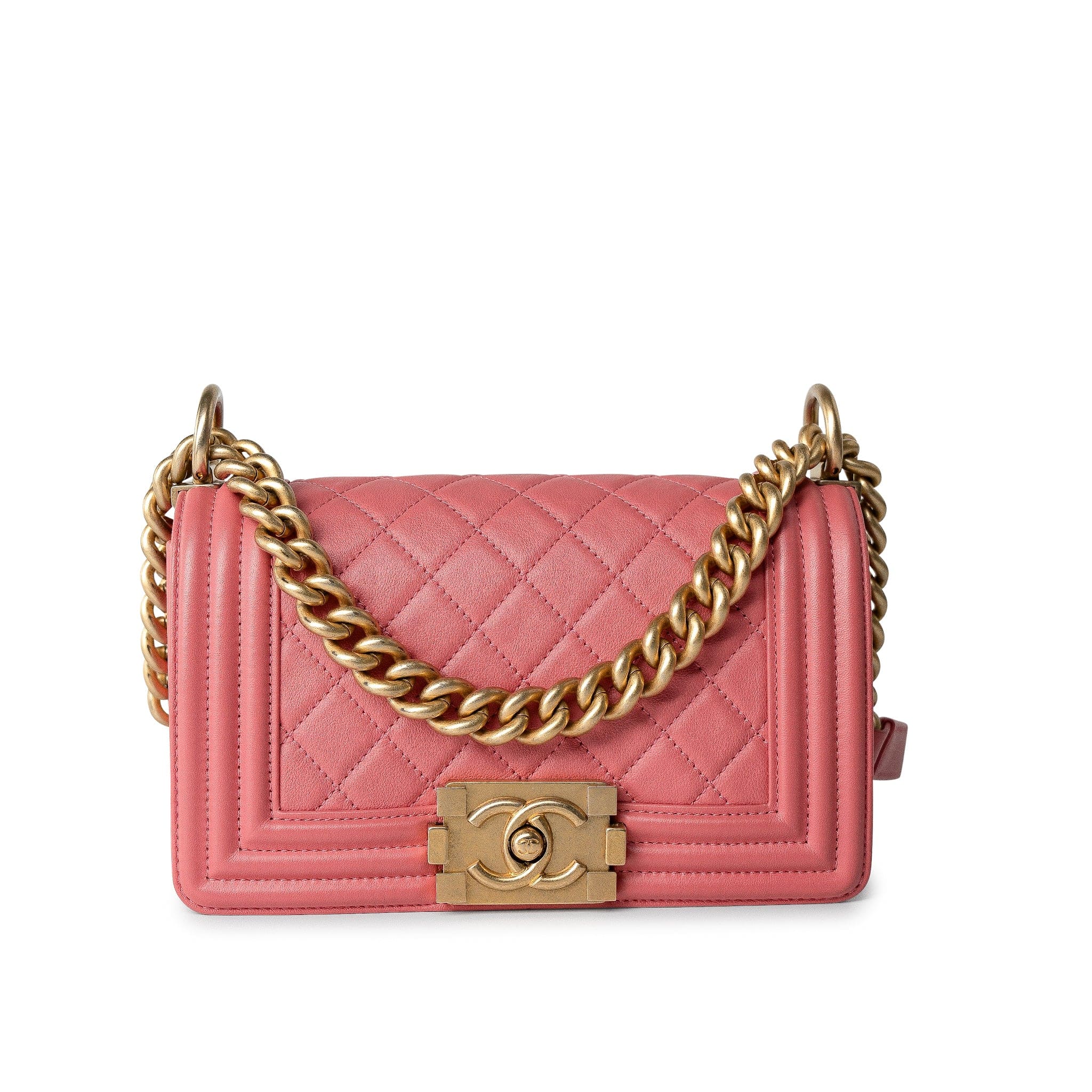 CHANEL Handbag Pink Pink Lambskin Quilted Small Boy Bag Aged Gold Hardware -Knockoff
