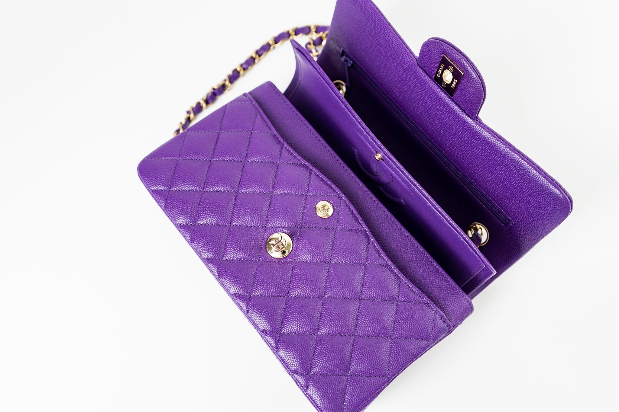 CHANEL Handbag Purple 22A Purple Caviar Quilted Small Classic Flap Light Gold Hardware -Knockoff
