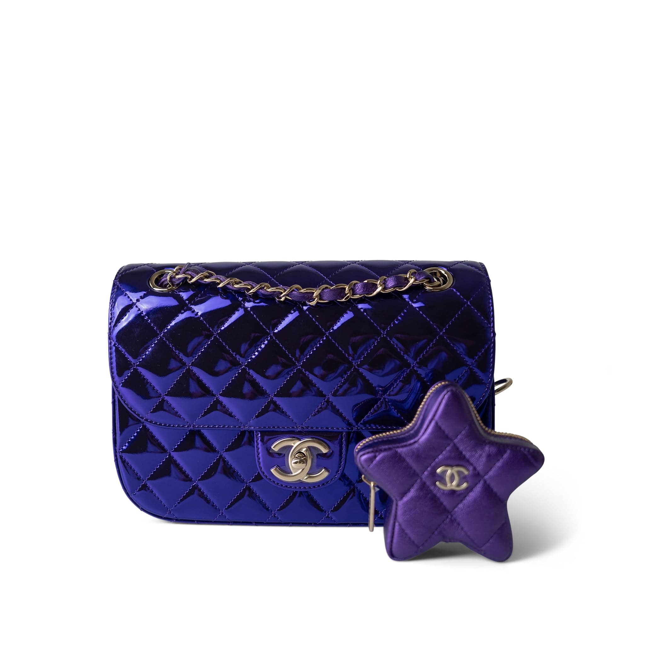 CHANEL Handbag Purple 24C Shiny Purple Calfskin Quilted Flap Bag & Coin Purse -Knockoff
