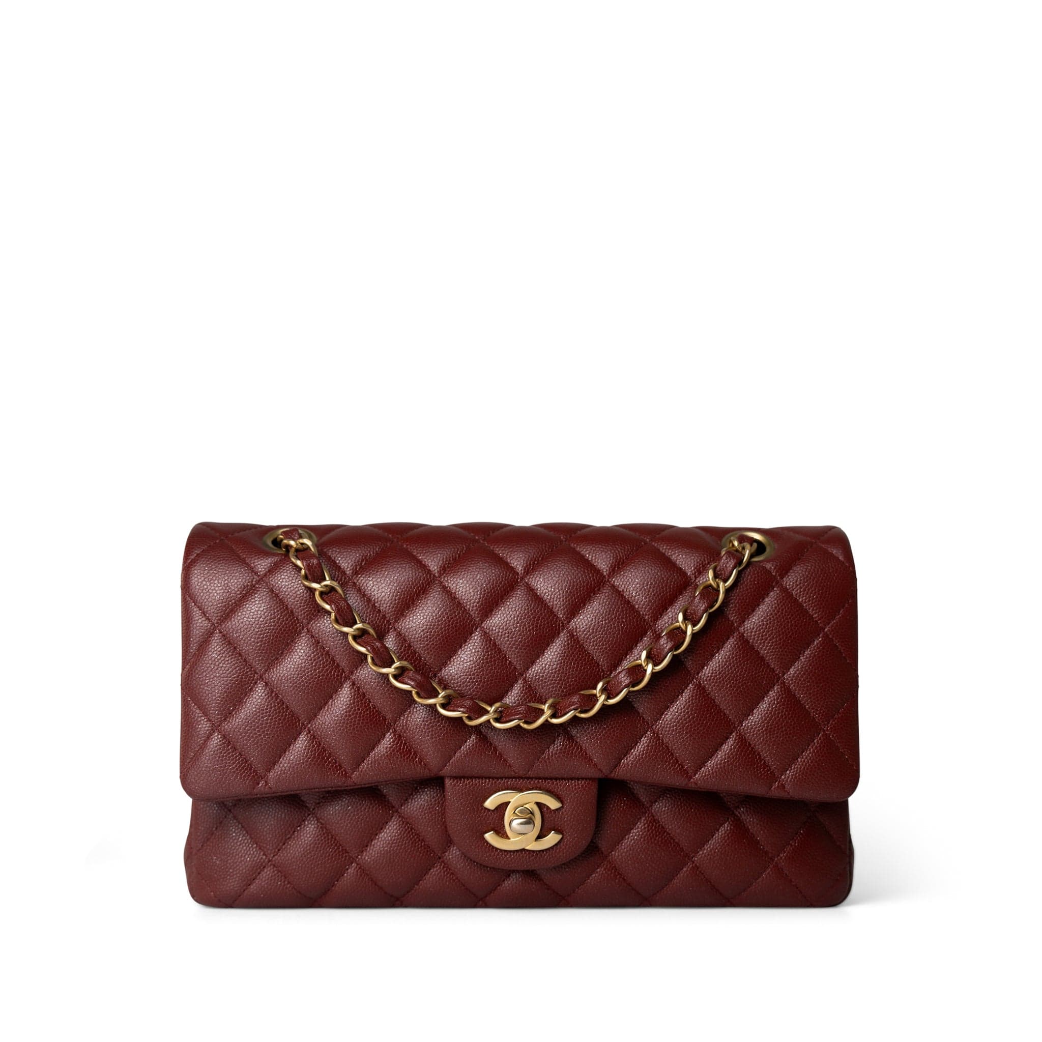 CHANEL Handbag Red 18C Dark Red Glittery Caviar Quilted Classic Flap Aged Gold Hardware -Knockoff
