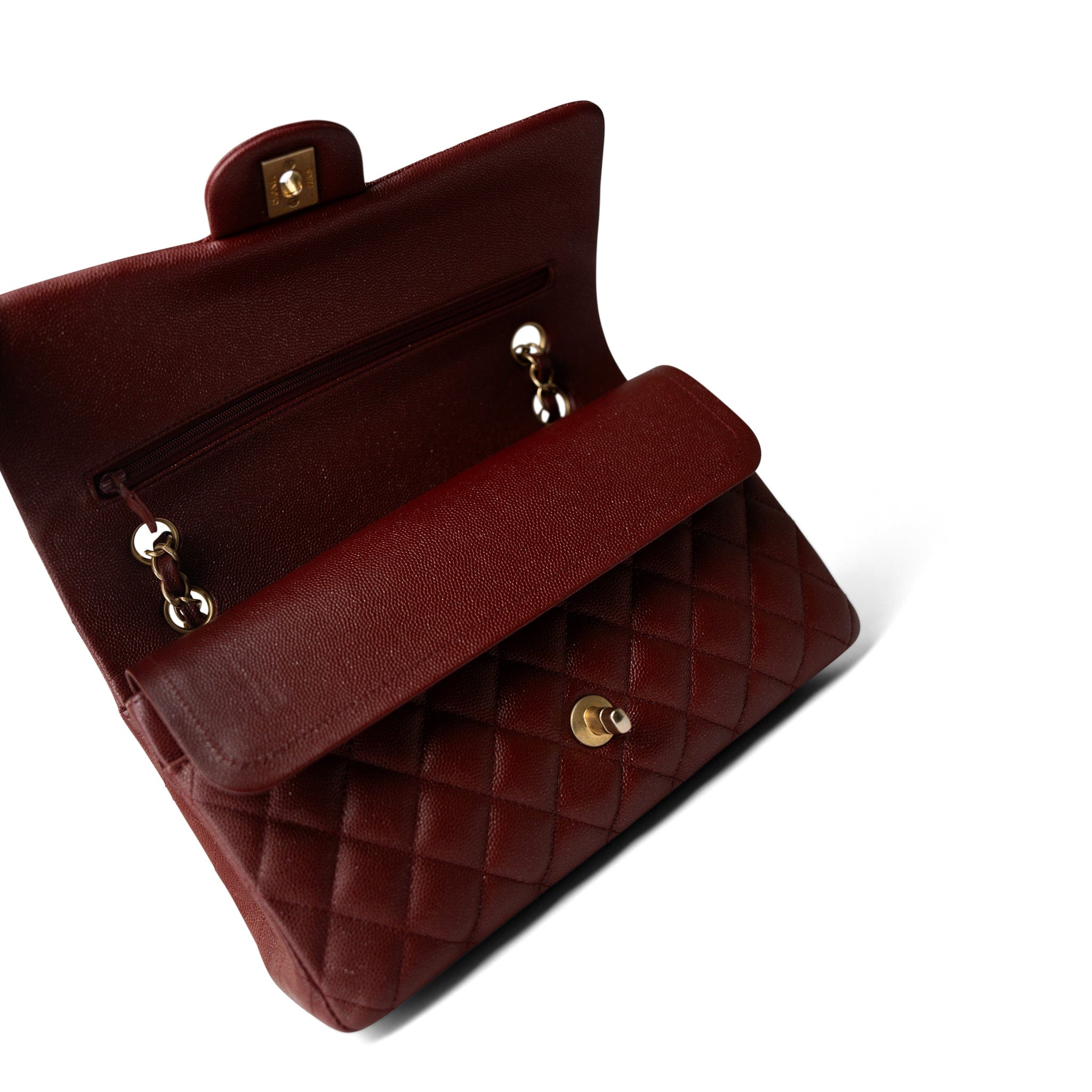 CHANEL Handbag Red 18C Dark Red Glittery Caviar Quilted Classic Flap Aged Gold Hardware -Knockoff
