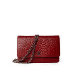 CHANEL Handbag Red Dark Red Camellia Lambskin Wallet on Chain Silver Hardware -Knockoff
