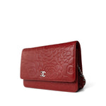 CHANEL Handbag Red Dark Red Camellia Lambskin Wallet on Chain Silver Hardware -Knockoff
