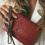 CHANEL Handbag Red Dark Red Camellia Lambskin Wallet on Chain Silver Hardware -Knockoff
