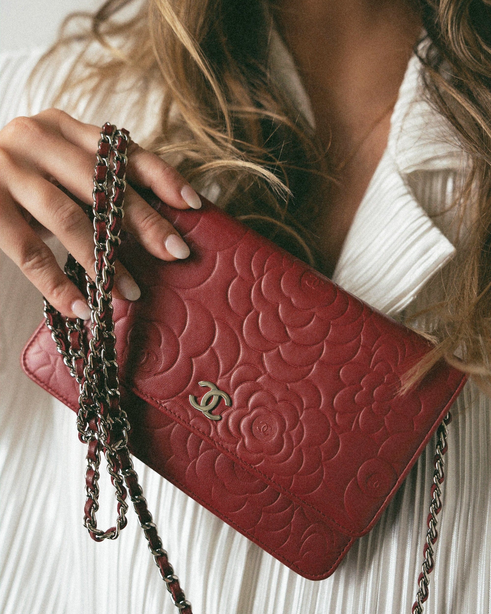 CHANEL Handbag Red Dark Red Camellia Lambskin Wallet on Chain Silver Hardware -Knockoff
