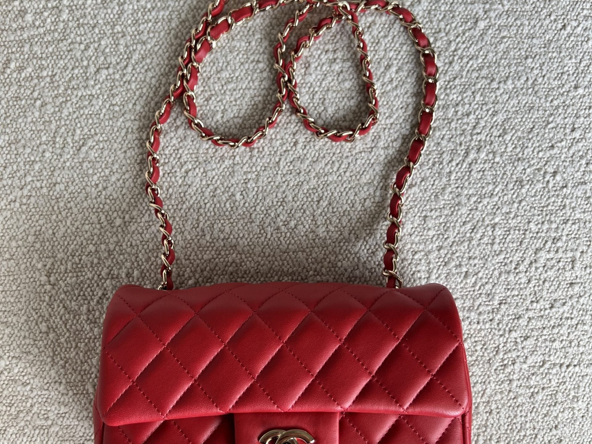 CHANEL Handbag Red Mini Rectangular Lambskin Quilted LGHW -Knockoff
