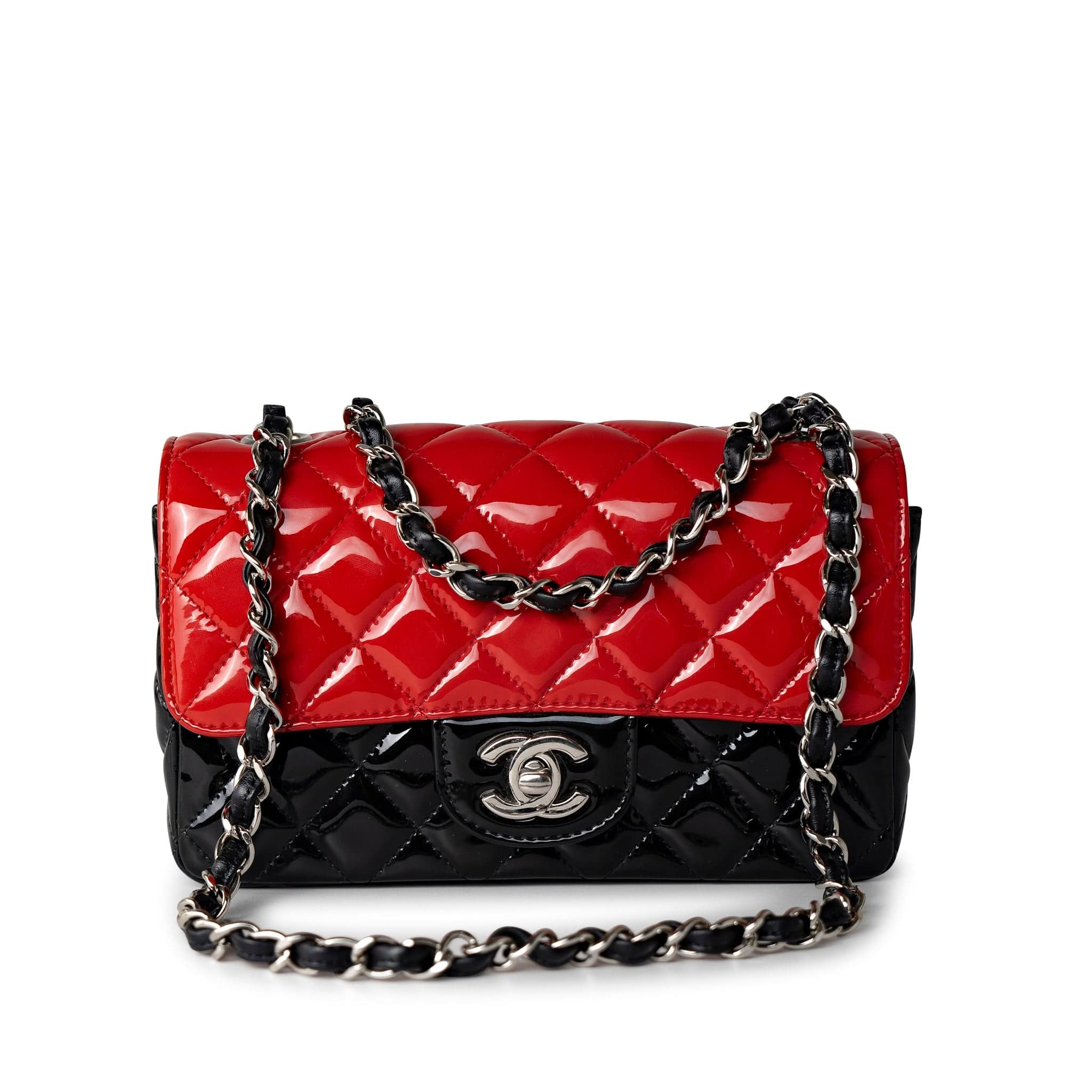 CHANEL Handbag Red Red | Black Patent Quilted Mini rectangular Single Flap Silver Hardware -Knockoff
