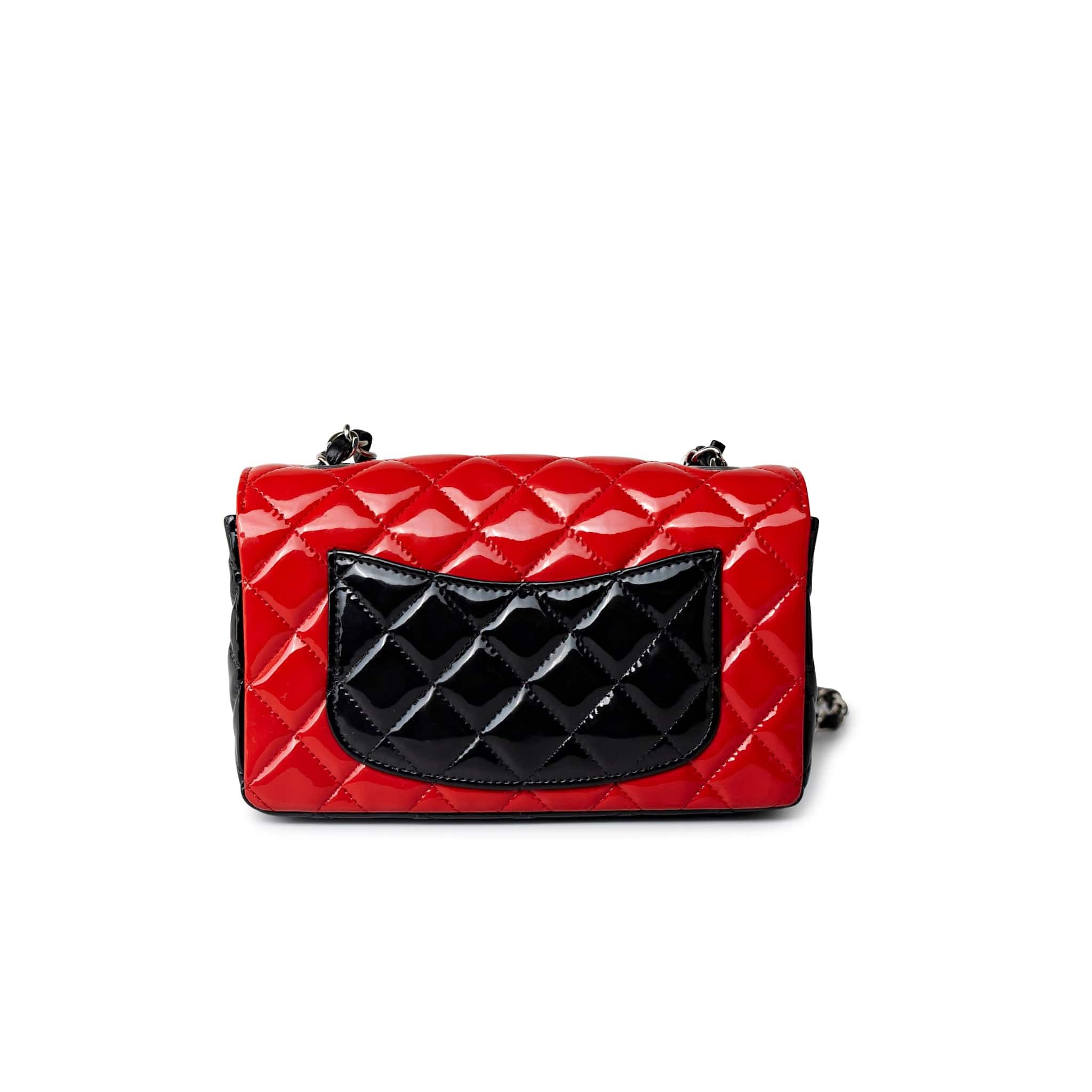 CHANEL Handbag Red Red | Black Patent Quilted Mini rectangular Single Flap Silver Hardware -Knockoff
